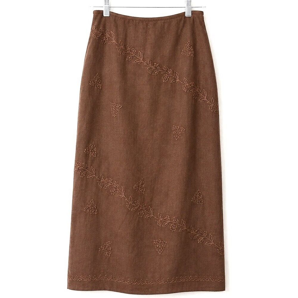 J. Jill Brown Embroidered Linen Blend Maxi Skirt Boho Earth Tone 14